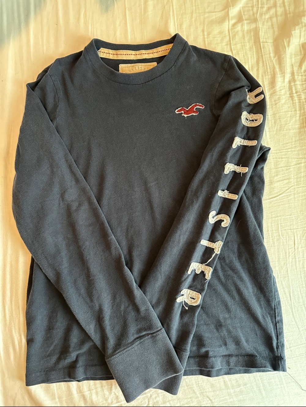 Y2K 2004Hollister Navy Long Sleeve Crew With Red Logo and White Sleeve Lettering